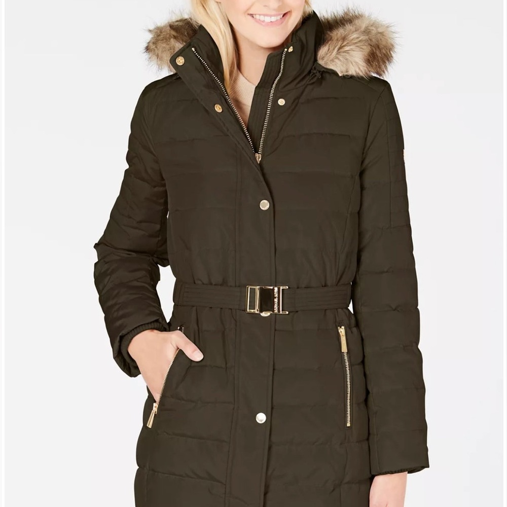 Karl Lagerfeld Hooded Coat with Faux-Fur Trim - Dark Olive